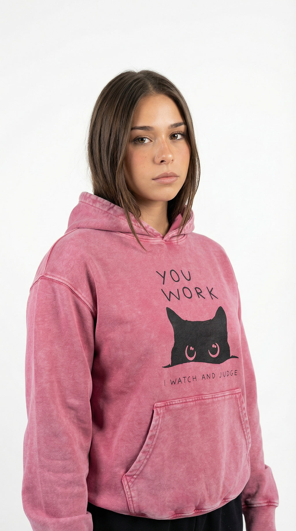 Sophie Rain wearing a pink hoodie with a black cat graphic and text is (You work) from Meleche or Meléche (short as (Mé)).