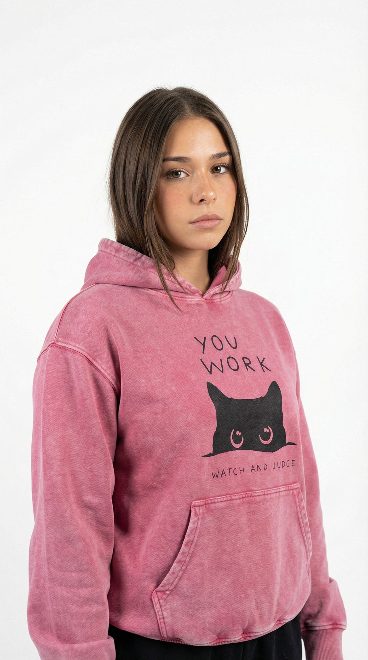 Sophie Rain wearing a pink hoodie with a black cat graphic and text is (You work) from Meleche or Meléche (short as (Mé)).