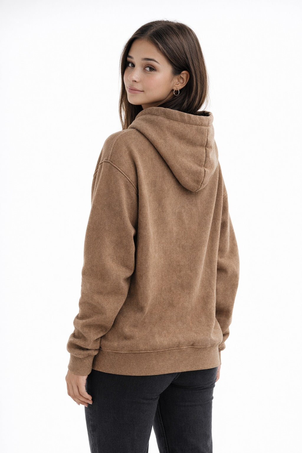 Sophie Rain wearing a brown hoodie on a white background