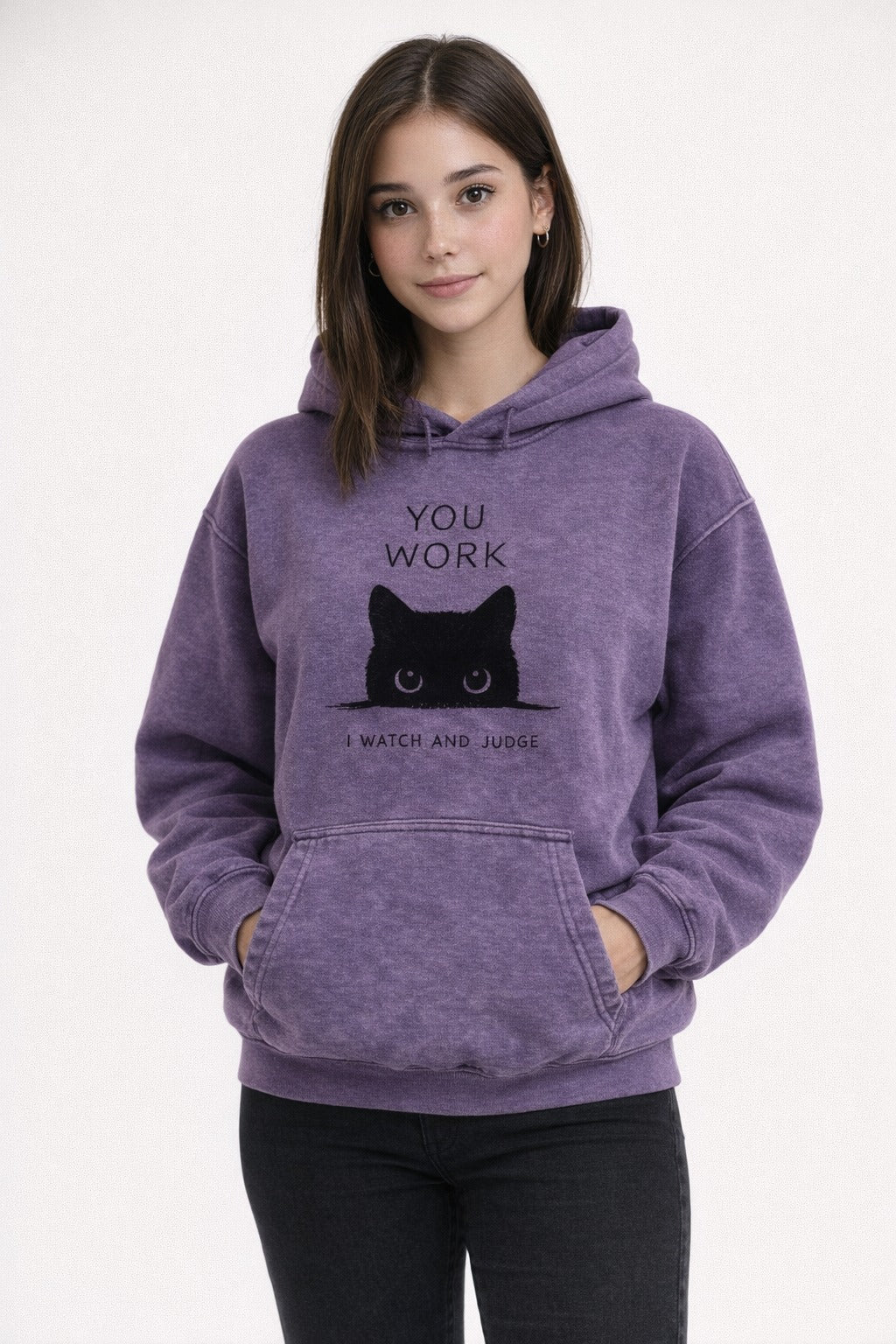 Sophie Rain wearing a purple hoodie with a black cat graphic and text from Meleche or Meléche (short as (Mé))