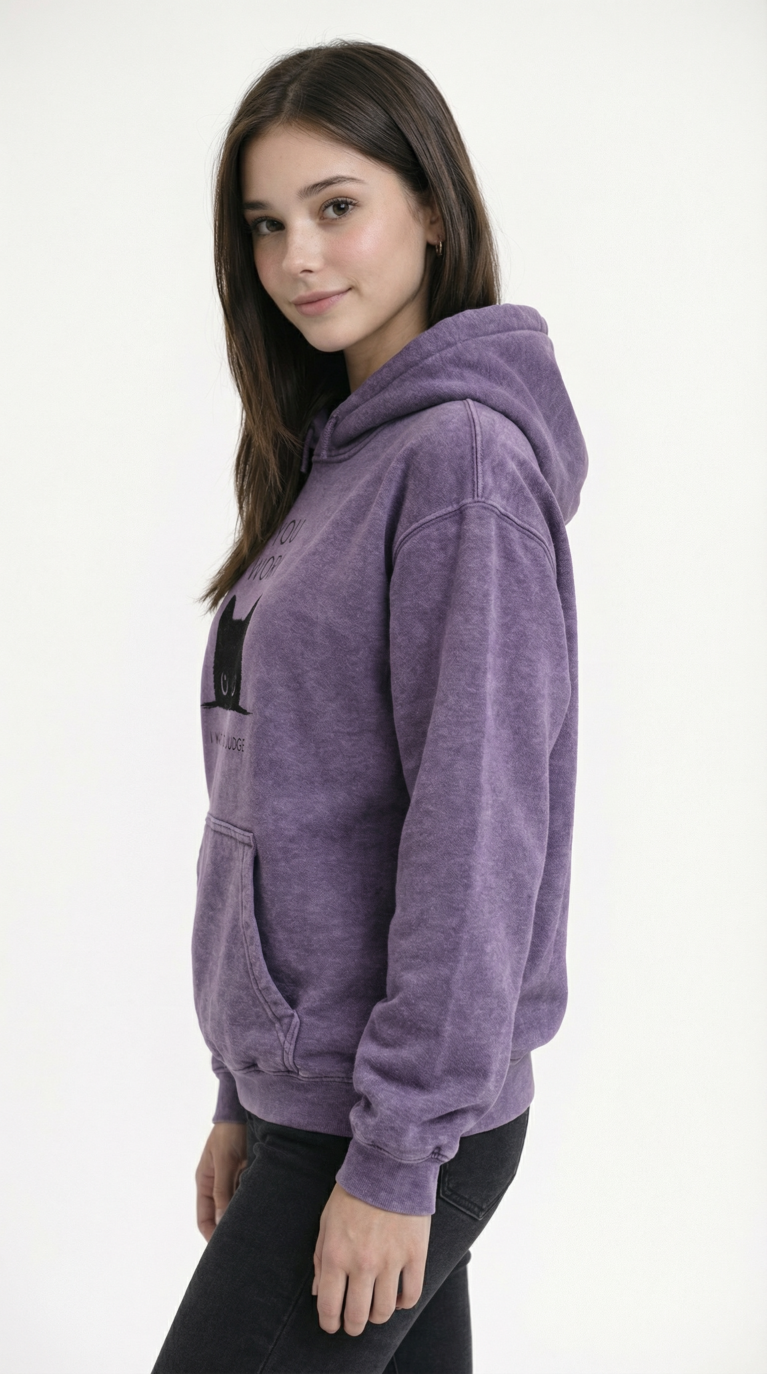 Person wearing a purple hoodie on a white background