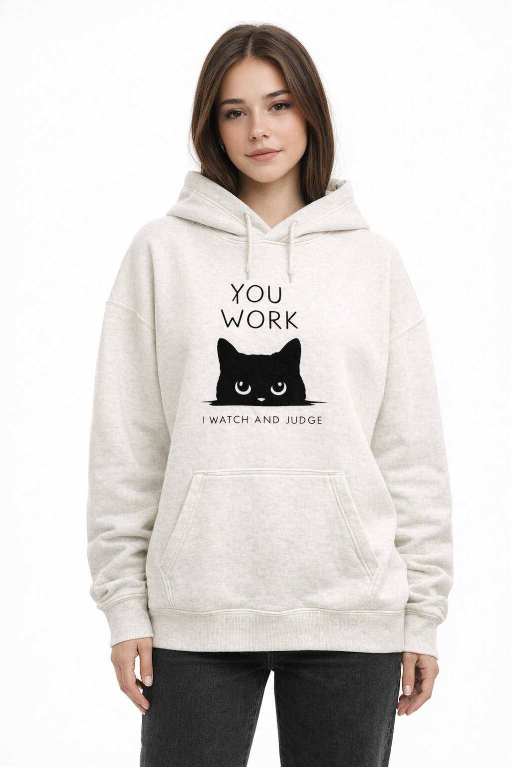 Sophie Rain Beige hoodie with a black cat graphic and text from Meleche or Meléche (short as (Mé))