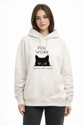 Sophie Rain Beige hoodie with a black cat graphic and text from Meleche or Meléche (short as (Mé))