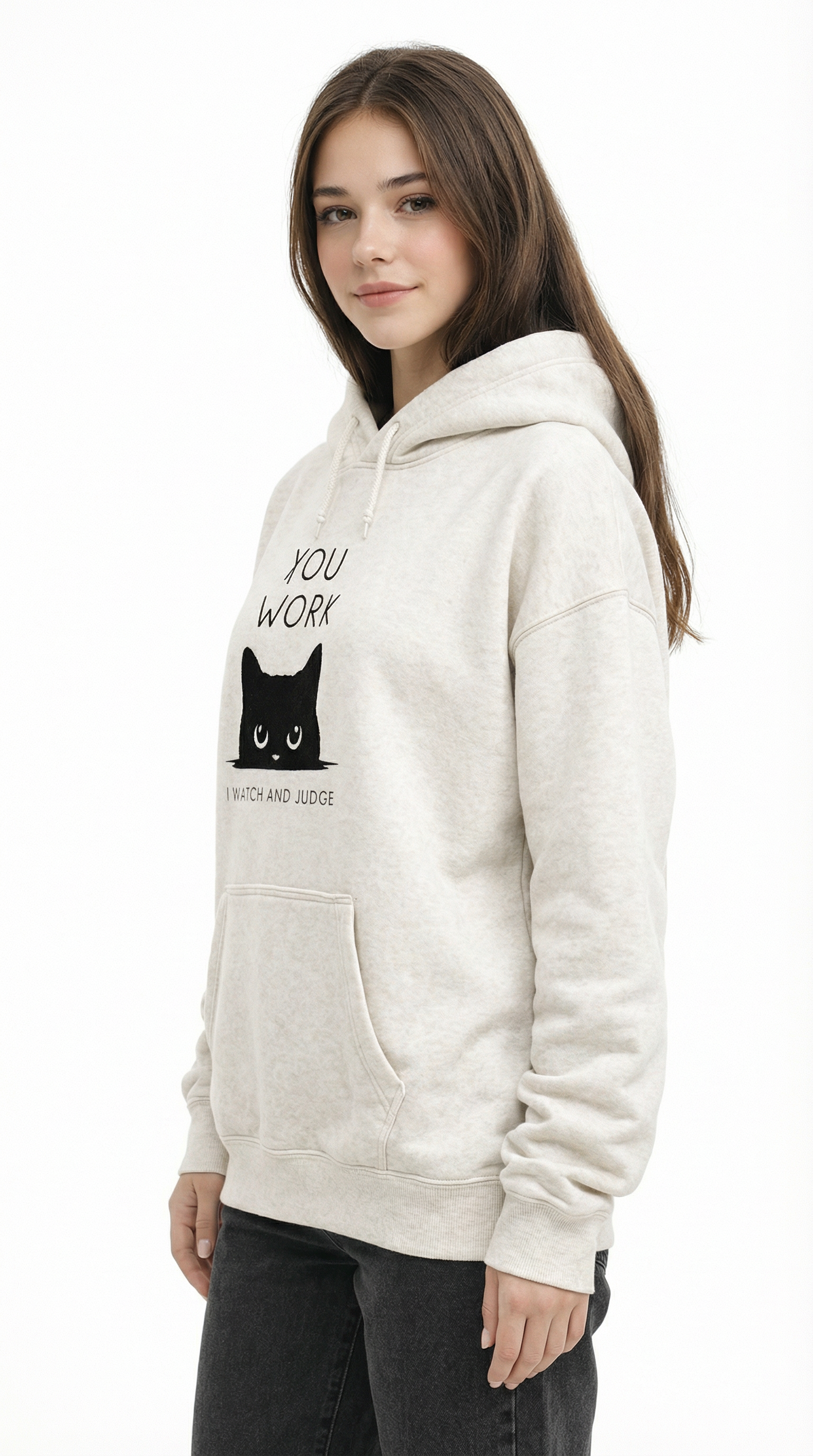 Woman wearing a beige hoodie with a graphic design on a white background