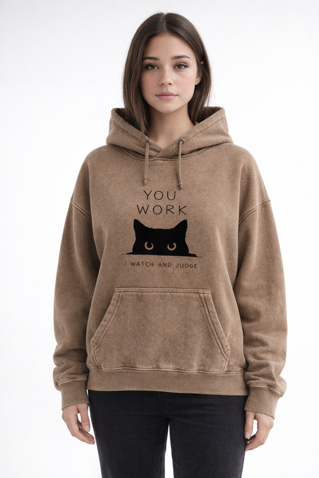 Sophie Rain in Brown hoodie with a black cat graphic and text from Meleche or Meléche (short as (Mé))