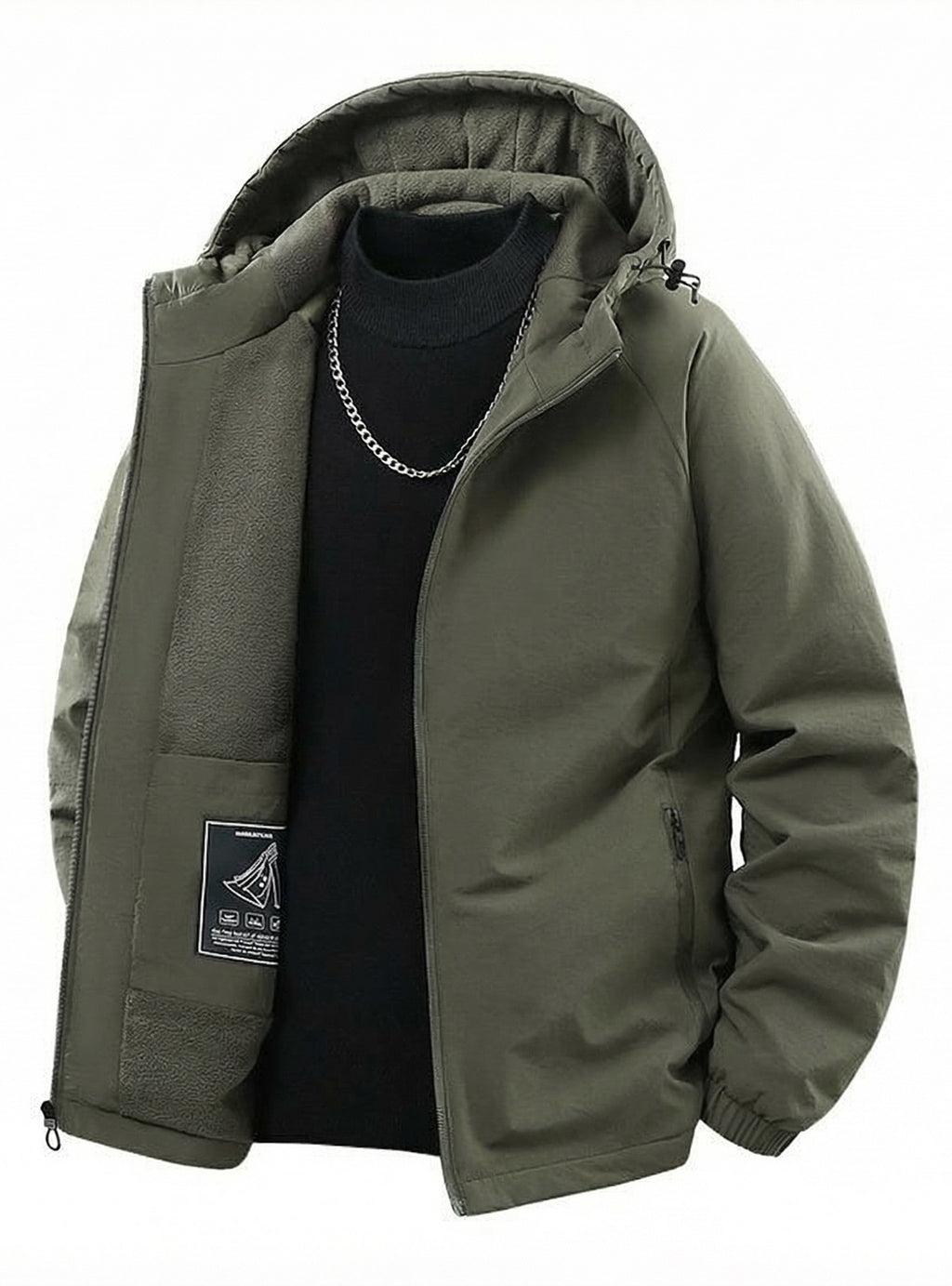 Green jacket from Meleche or Meléche (short as (Mé)) with flame graphic and text 'Dust and warm' on a white background