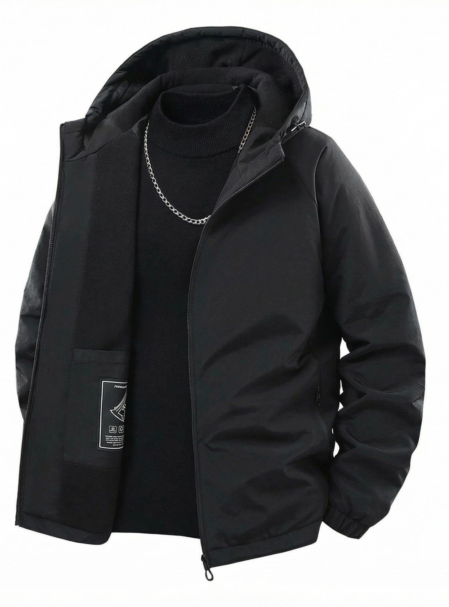 Black jacket from Meleche or Meléche (short as (Mé)) with flame graphic and 'Plush Warm' text on a white background