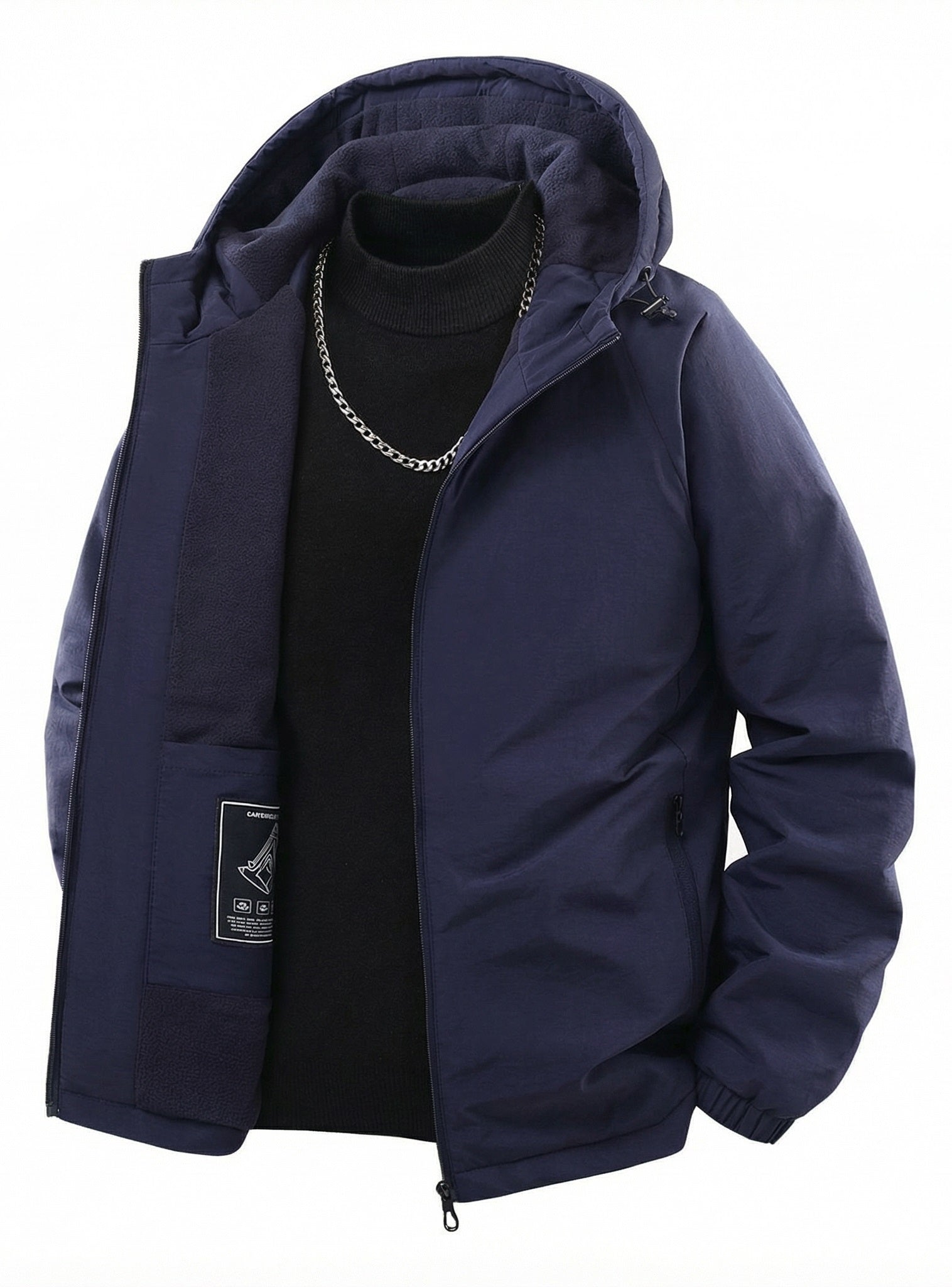 Navy blue jacket from Meleche or Meléche (short as (Mé)) with a flame graphic indicating warmth on a white background