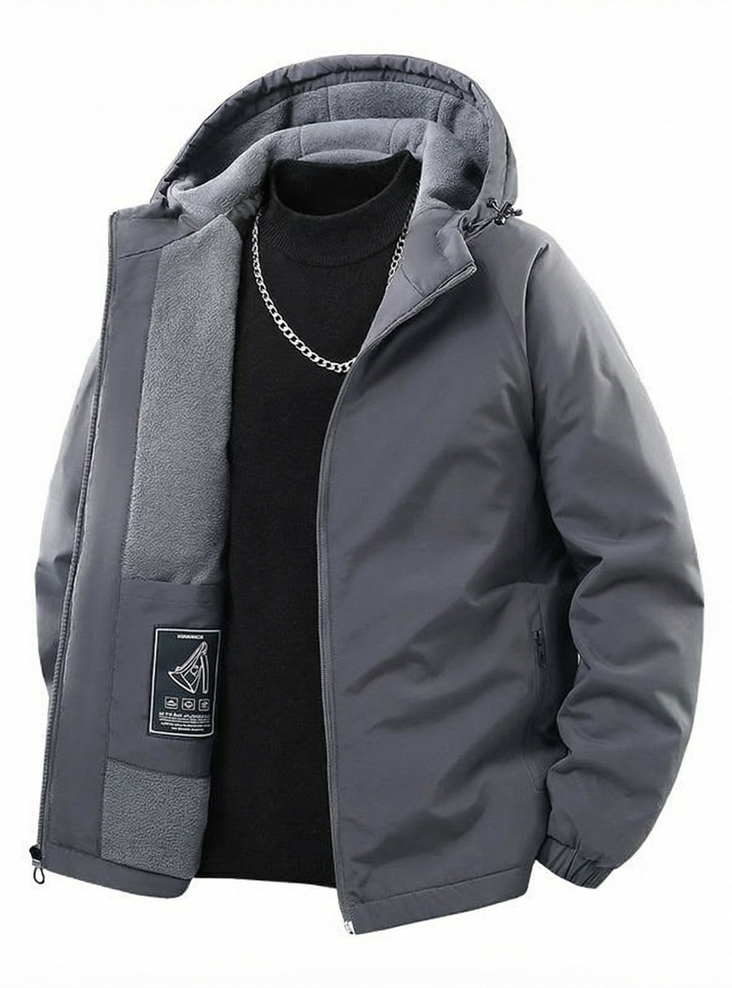 Gray jacket from Meleche or Meléche (short as (Mé)) with flame graphic and text 'Dull and Warm' on a white background