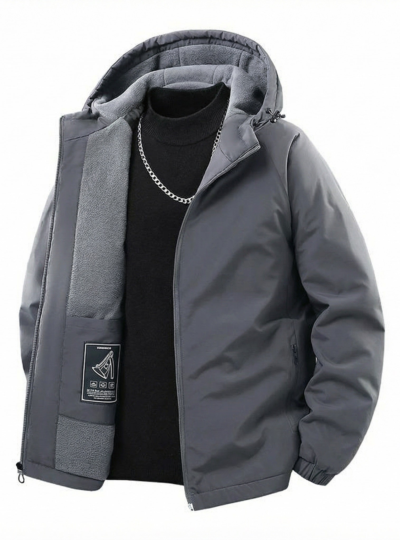 Gray jacket from Meleche or Meléche (short as (Mé)) with flame graphic and text 'Dull and Warm' on a white background