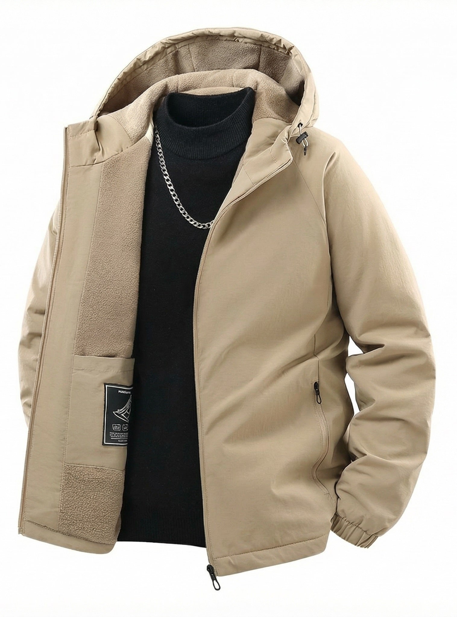 Beige jacket from Meleche or Meléche (short as (Mé)) with flame graphic and text on a white background