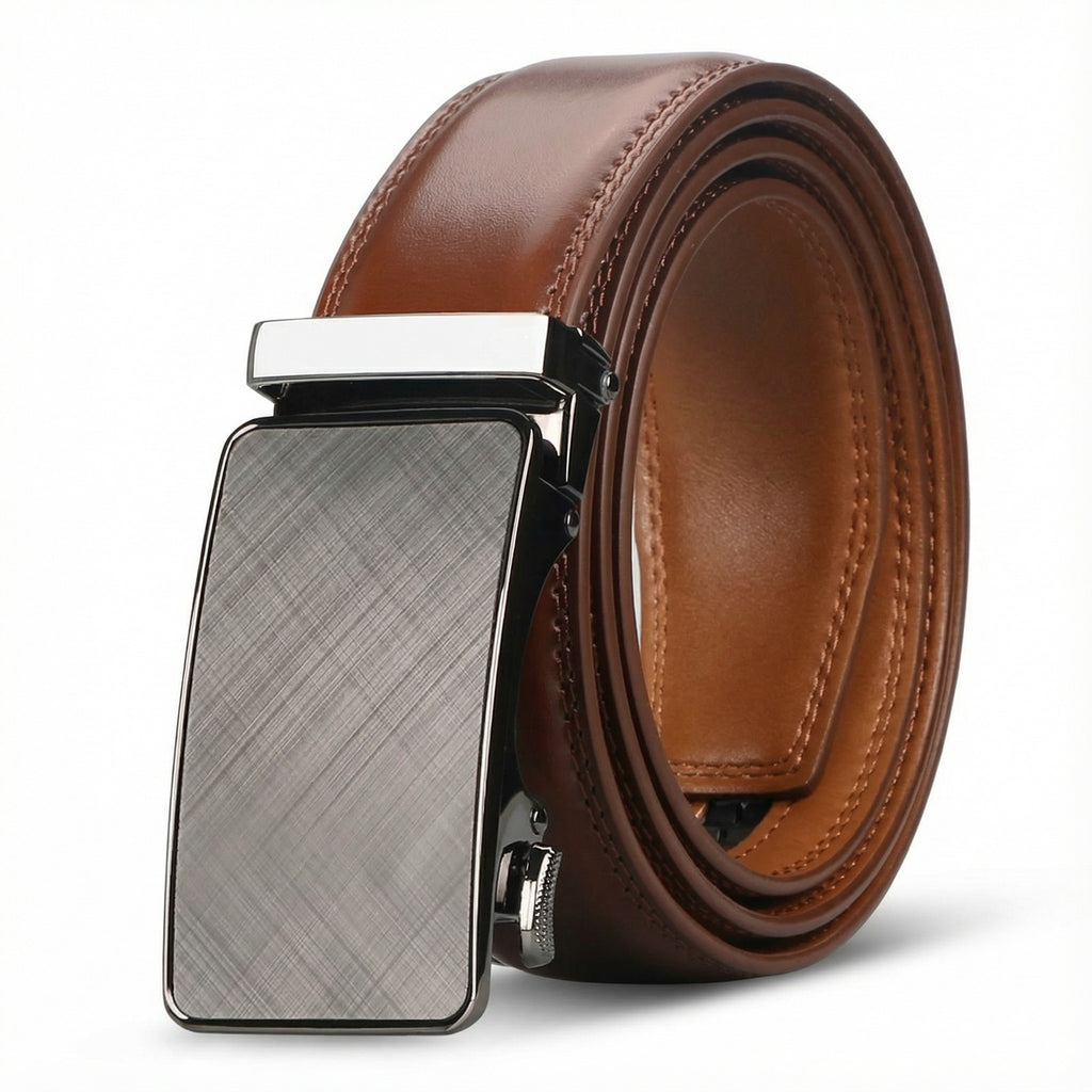 Robert Brown leather belt with a silver buckle from Meleche or Meléche (short as (Mé))
