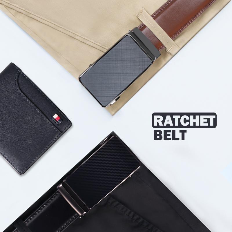 Robert Black ratchet belt with a wallet and pants on a white background, featuring the brand 'Ratchet Belt' from Meleche or Meléche (short as (Mé))