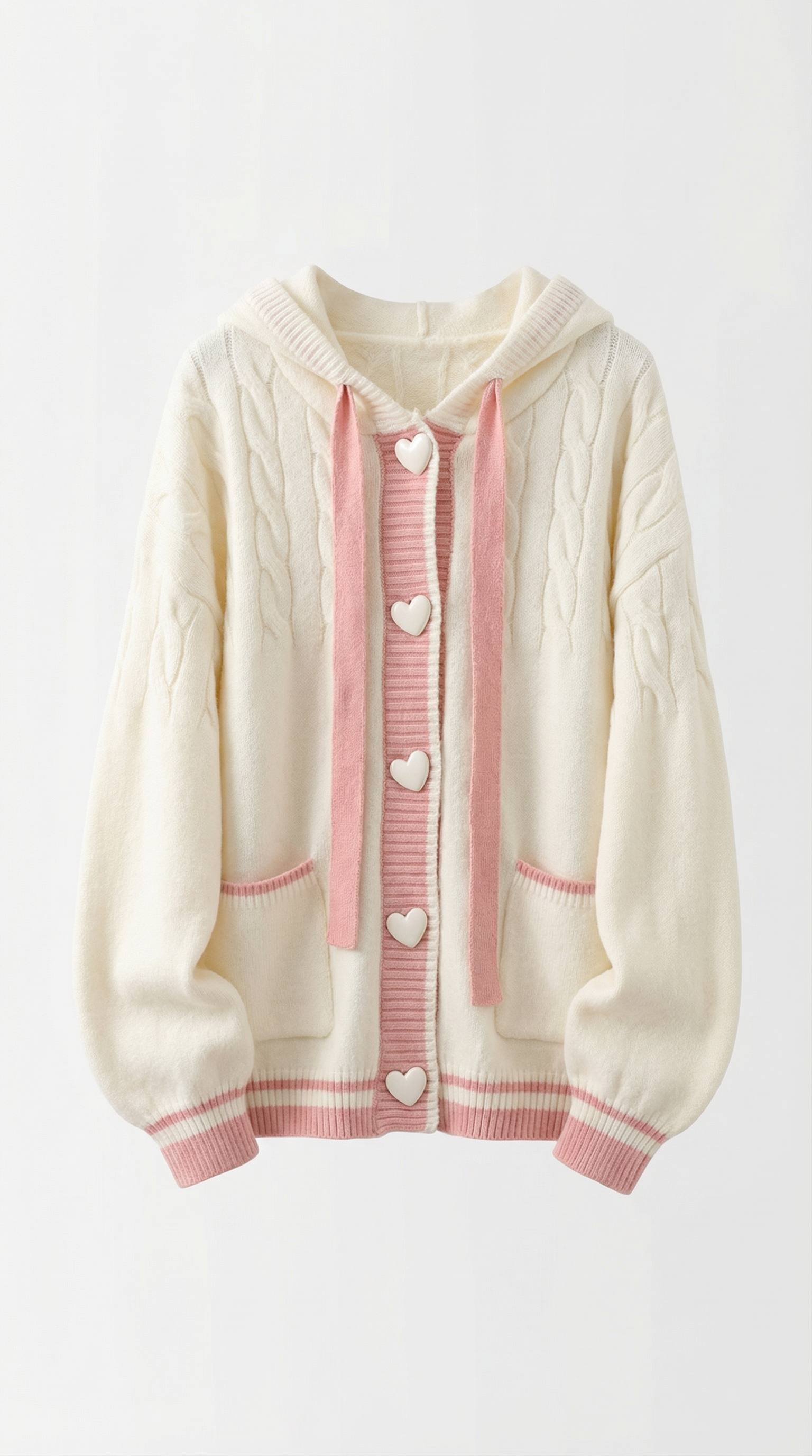Cream-colored cardigan with pink accents and heart buttons on a white background