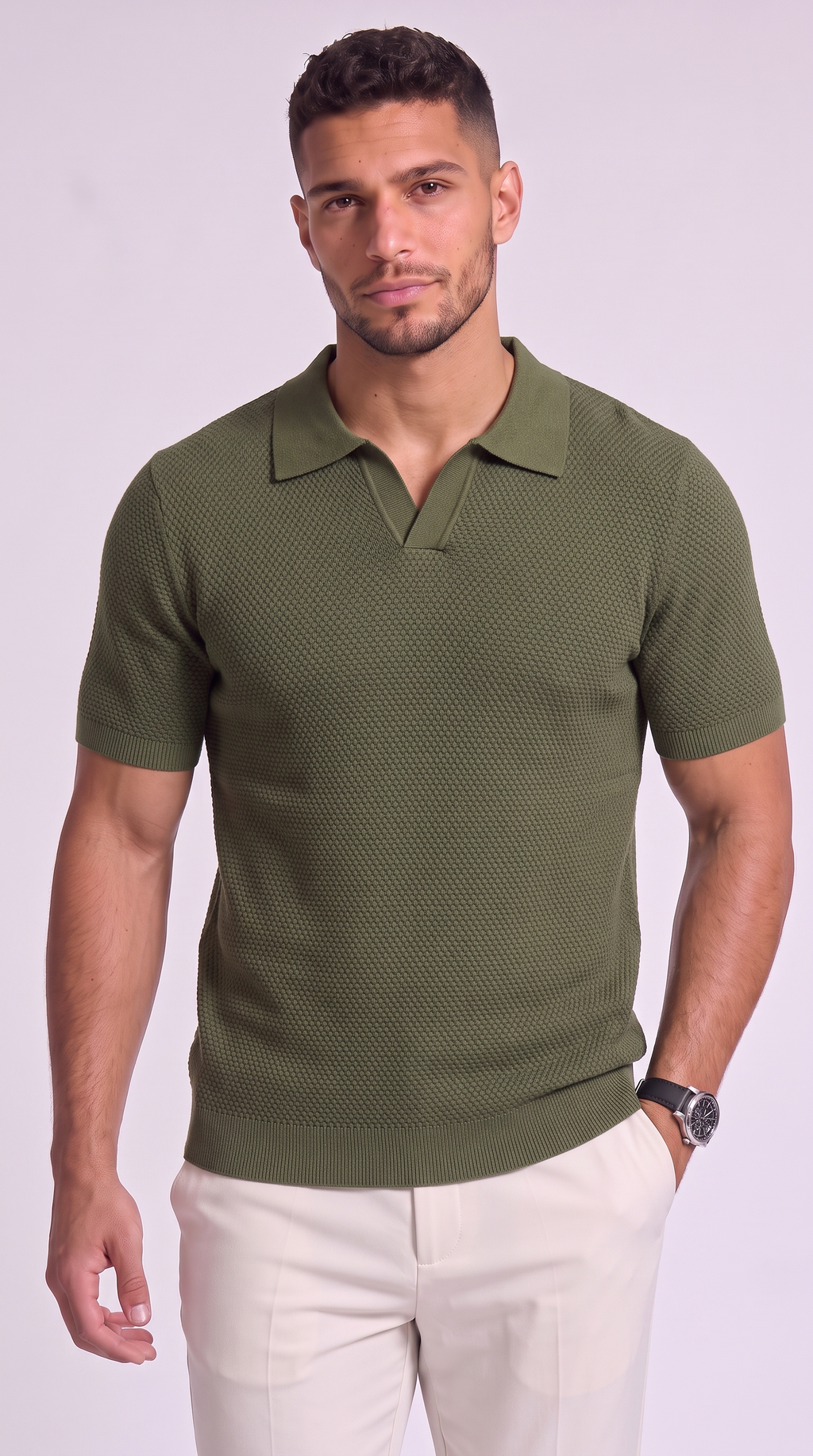 A man wearing a short-sleeve olive green polo shirt with a textured knit pattern, paired with off-white trousers, standing against a light gray studio background, from Meleche Fashion USA or Meléche (short as (Mé))