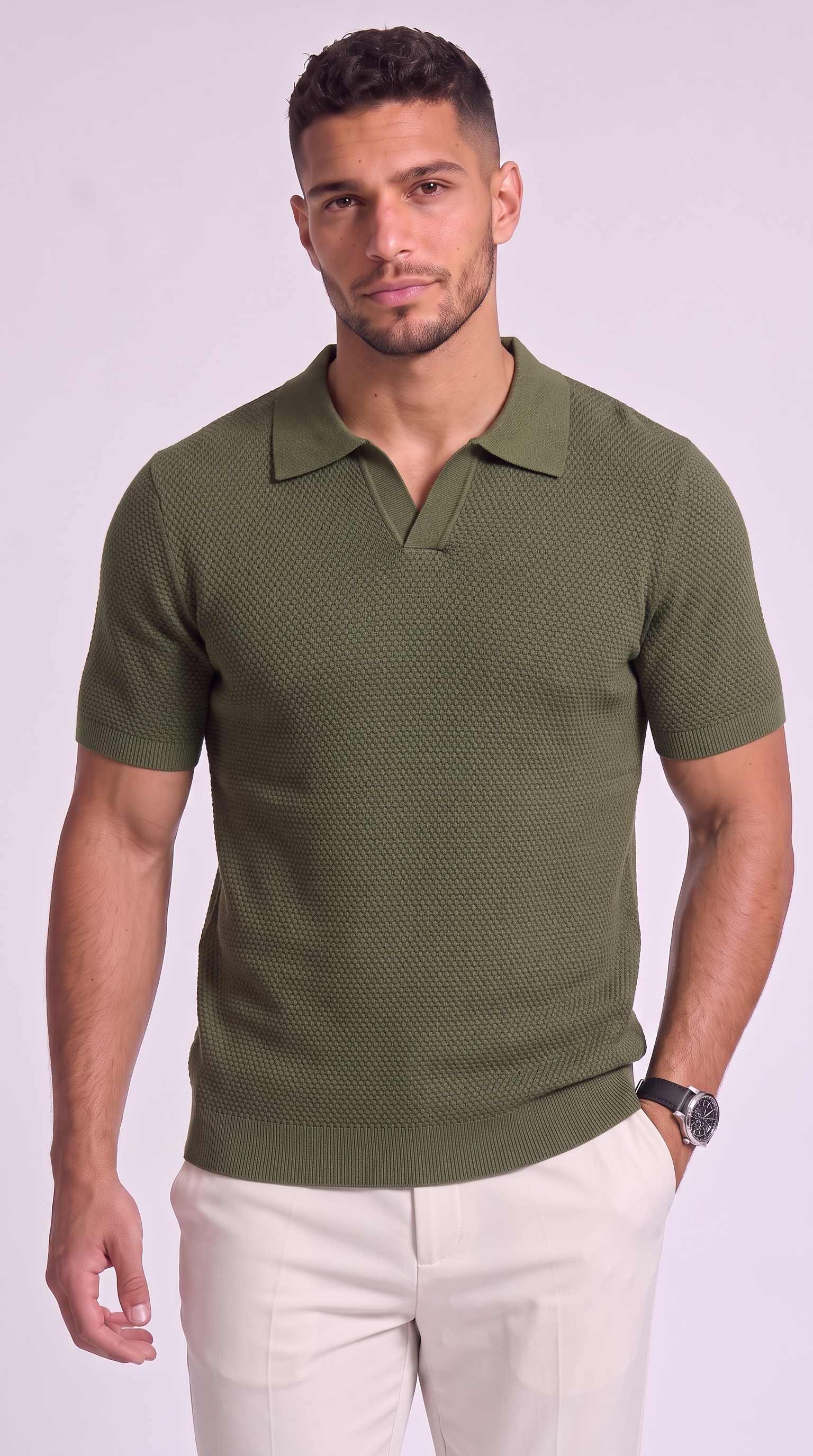A man wearing a short-sleeve olive green polo shirt with a textured knit pattern, paired with off-white trousers, standing against a light gray studio background, from Meleche Fashion USA or Meléche (short as (Mé))