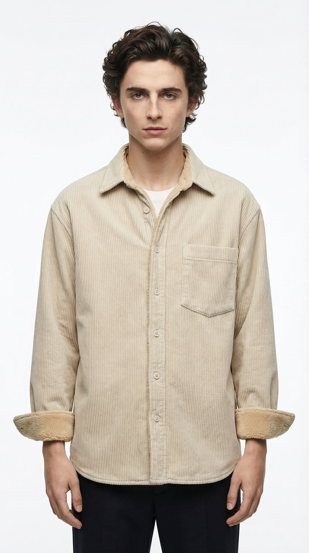 Beige striped shirt on a hanger against a gray background with a flame graphic and 'plus' logo.