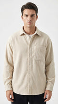 Beige striped shirt on a hanger against a gray background with a flame graphic and 'plus' logo.