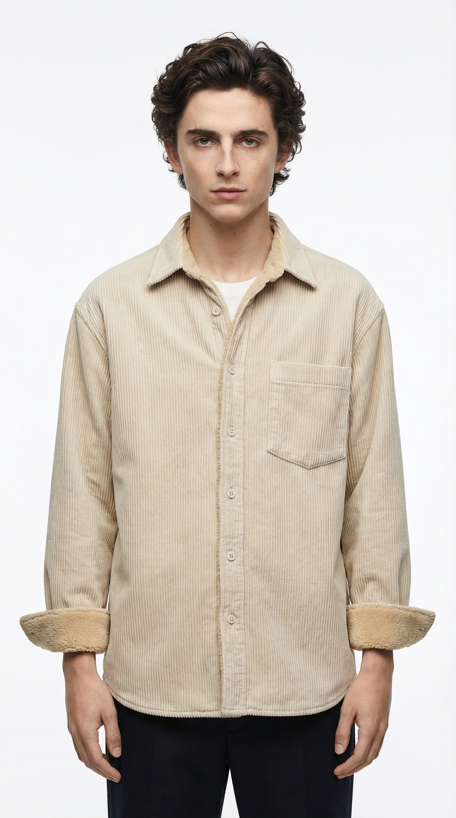 Beige striped shirt on a hanger against a gray background with a flame graphic and 'plus' logo.