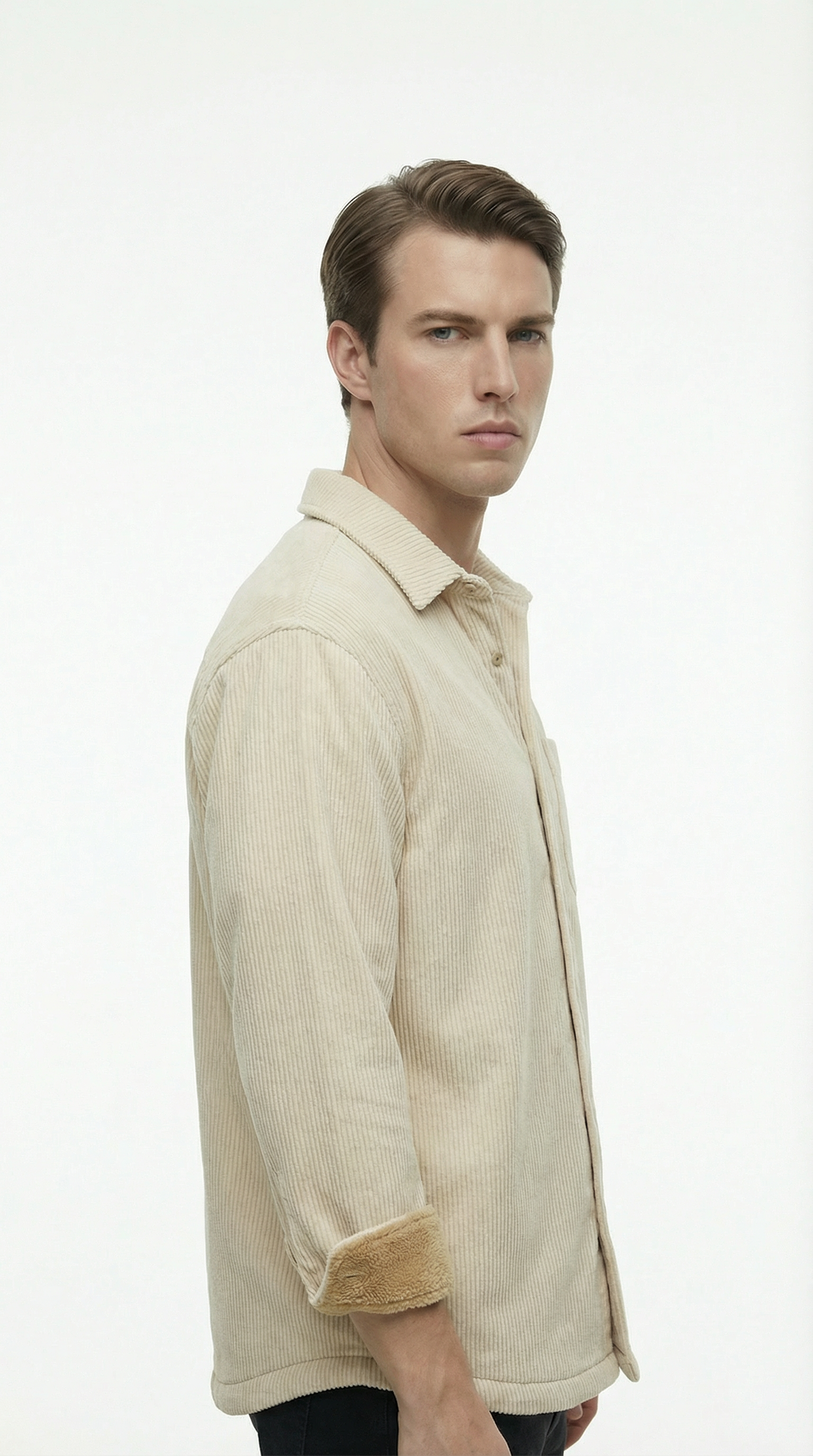 Man wearing a beige shirt with a white background