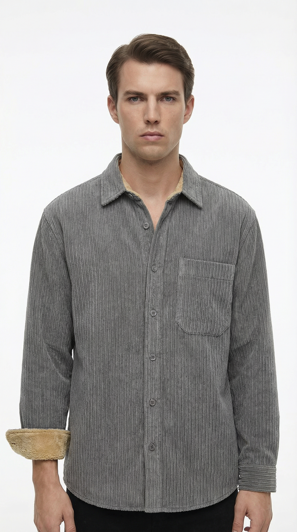 Man wearing a gray striped shirt on a white background