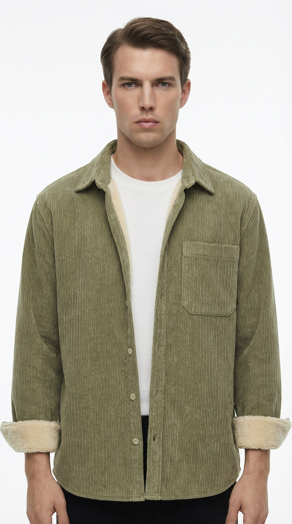 Man wearing a green corduroy jacket with beige trim on a white background
