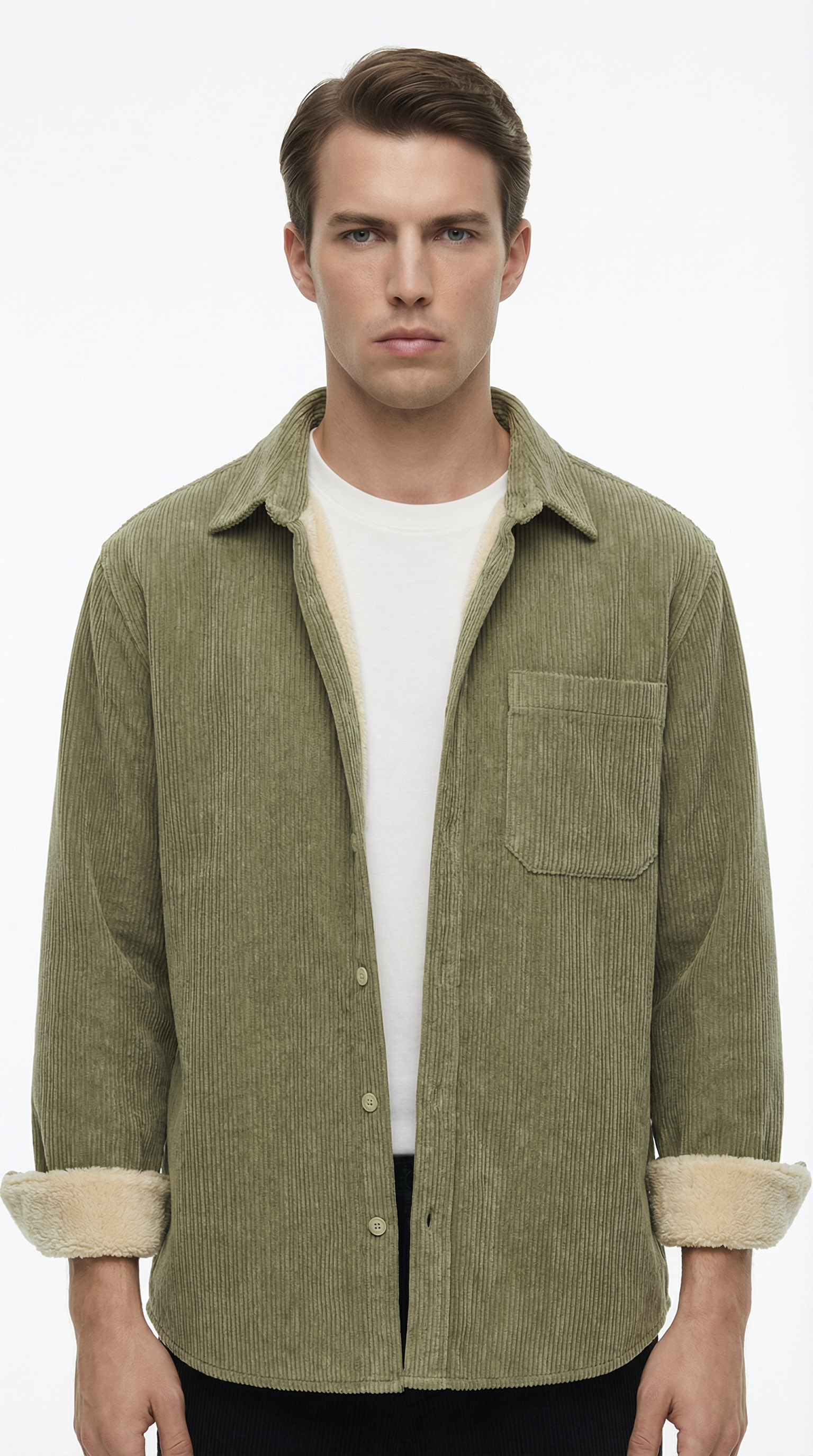 Man wearing a green corduroy jacket with beige trim on a white background