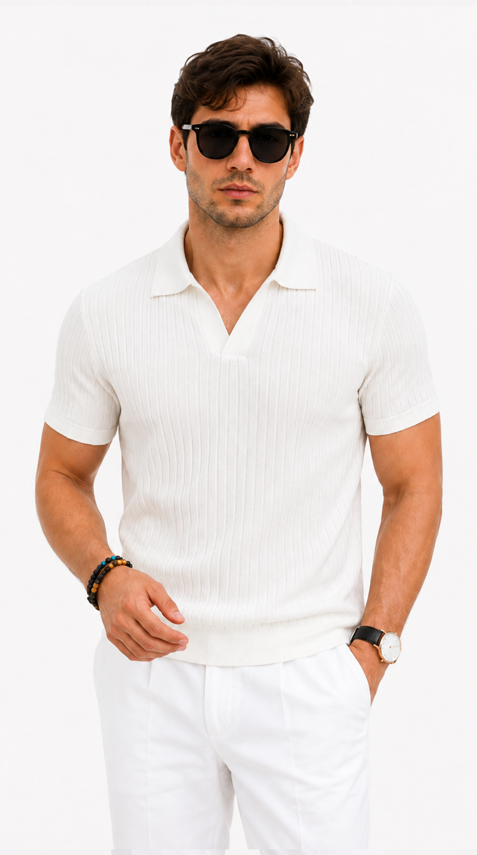 A man wearing a white short-sleeve ribbed knit polo shirt and white trousers, styled with black sunglasses, a beaded bracelet, and a watch, against a plain white background, from Meleche Fashion USA or Meléche (short as (Mé))