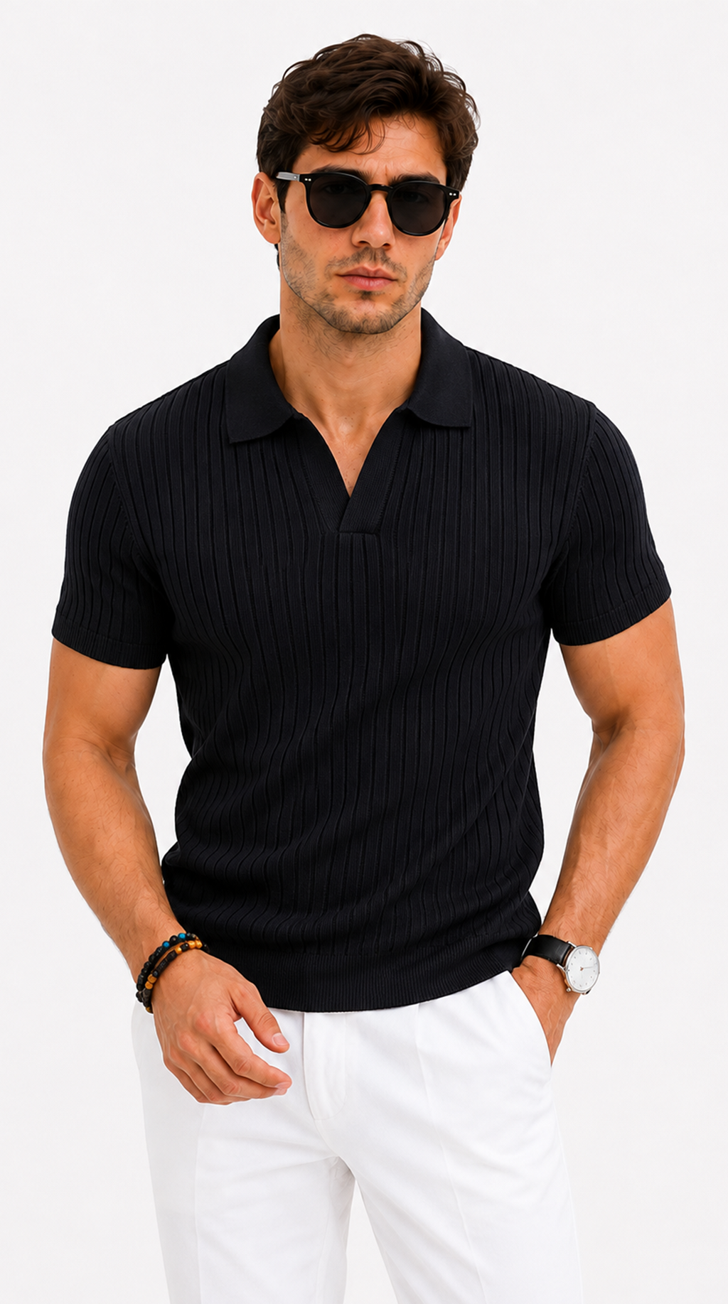 A man wearing a black short-sleeve ribbed knit polo shirt and white trousers, styled with black sunglasses, bracelets, and a watch, against a plain white background, from Meleche Fashion USA or Meléche (short as (Mé))