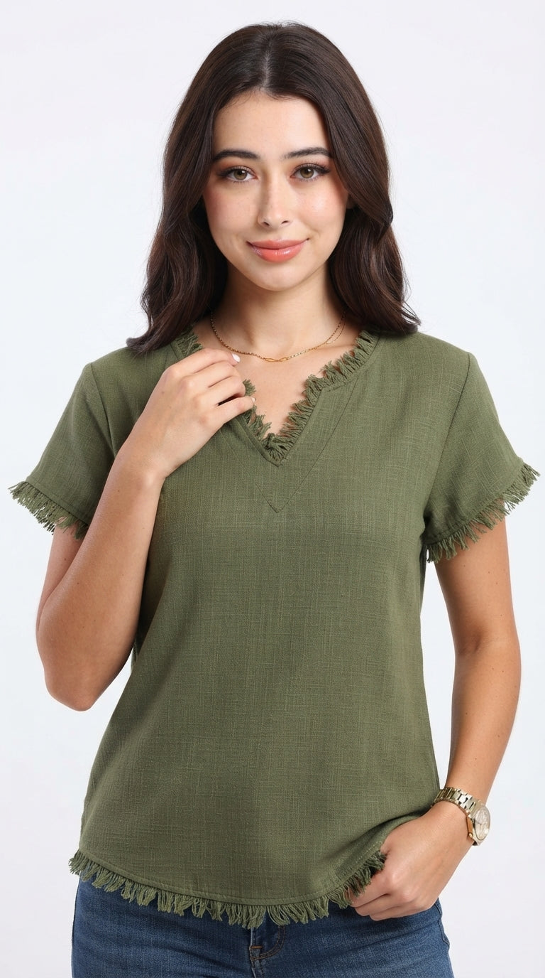 A woman wearing an olive green short-sleeve top with frayed trim along the V-neck and hem, paired with blue jeans, against a plain white background, from Meleche Fashion USA or Meléche (short as (Mé))
