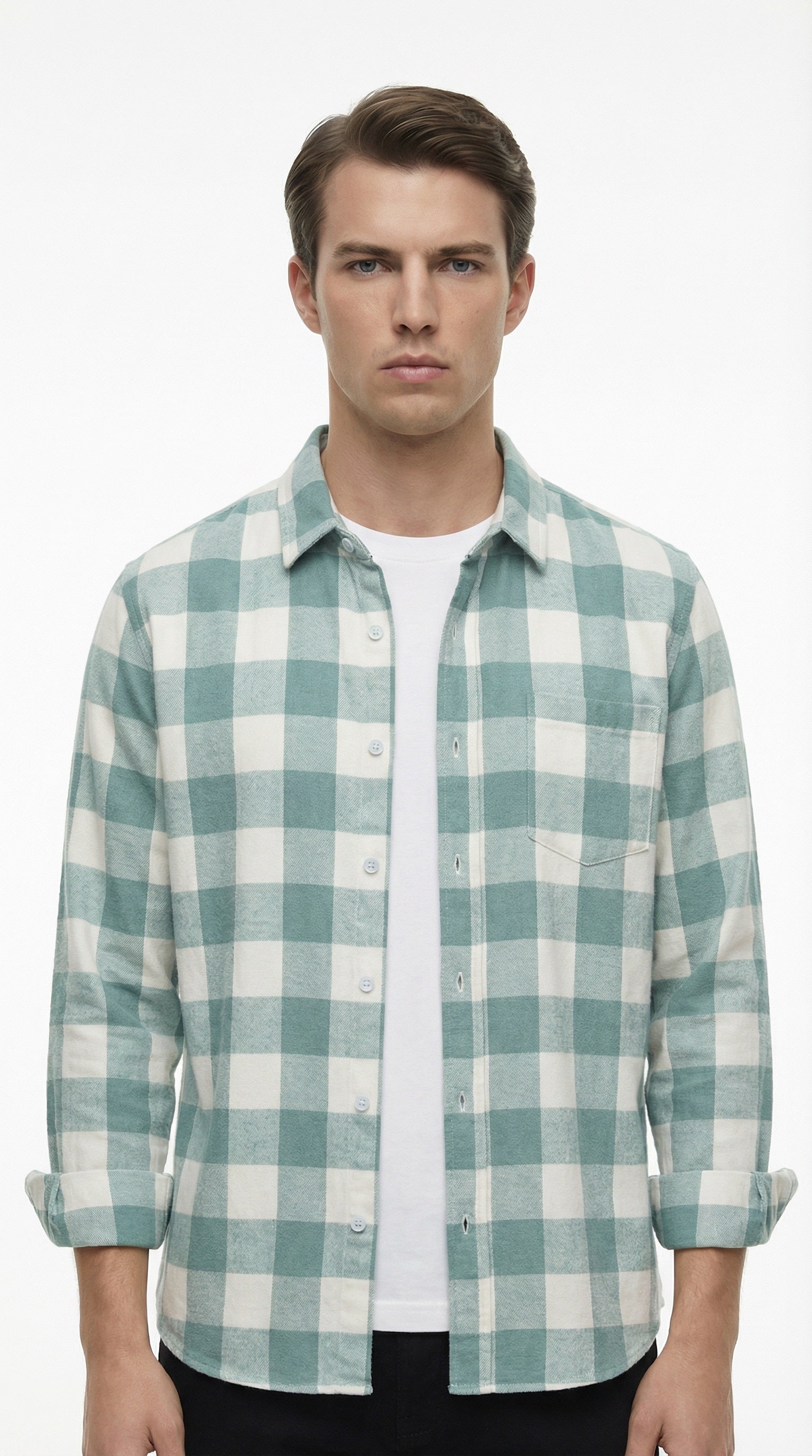 Green and white checkered shirt on a hanger against a gray background