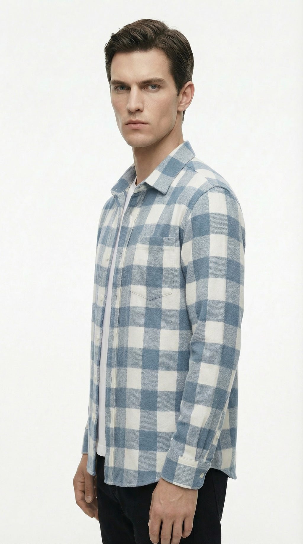 Blue and white plaid shirt on a white background