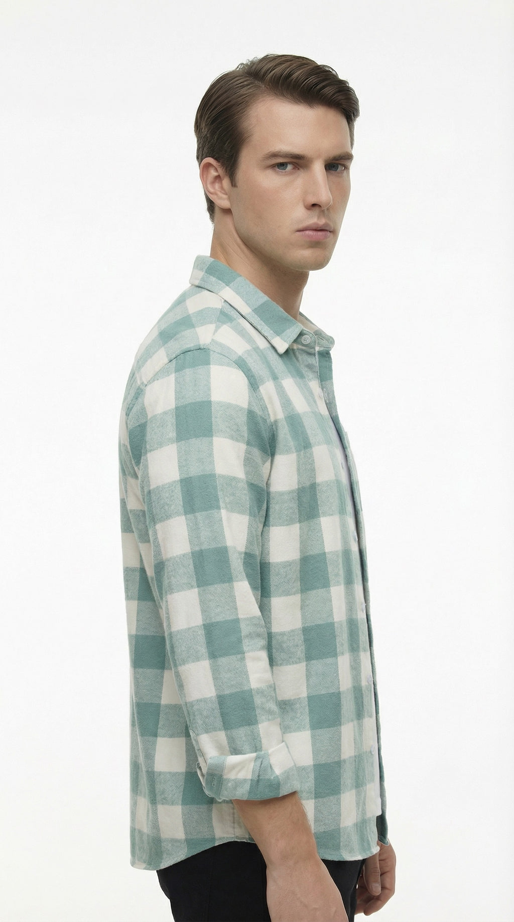 Green and white checkered shirt with close-up details on a light gray background