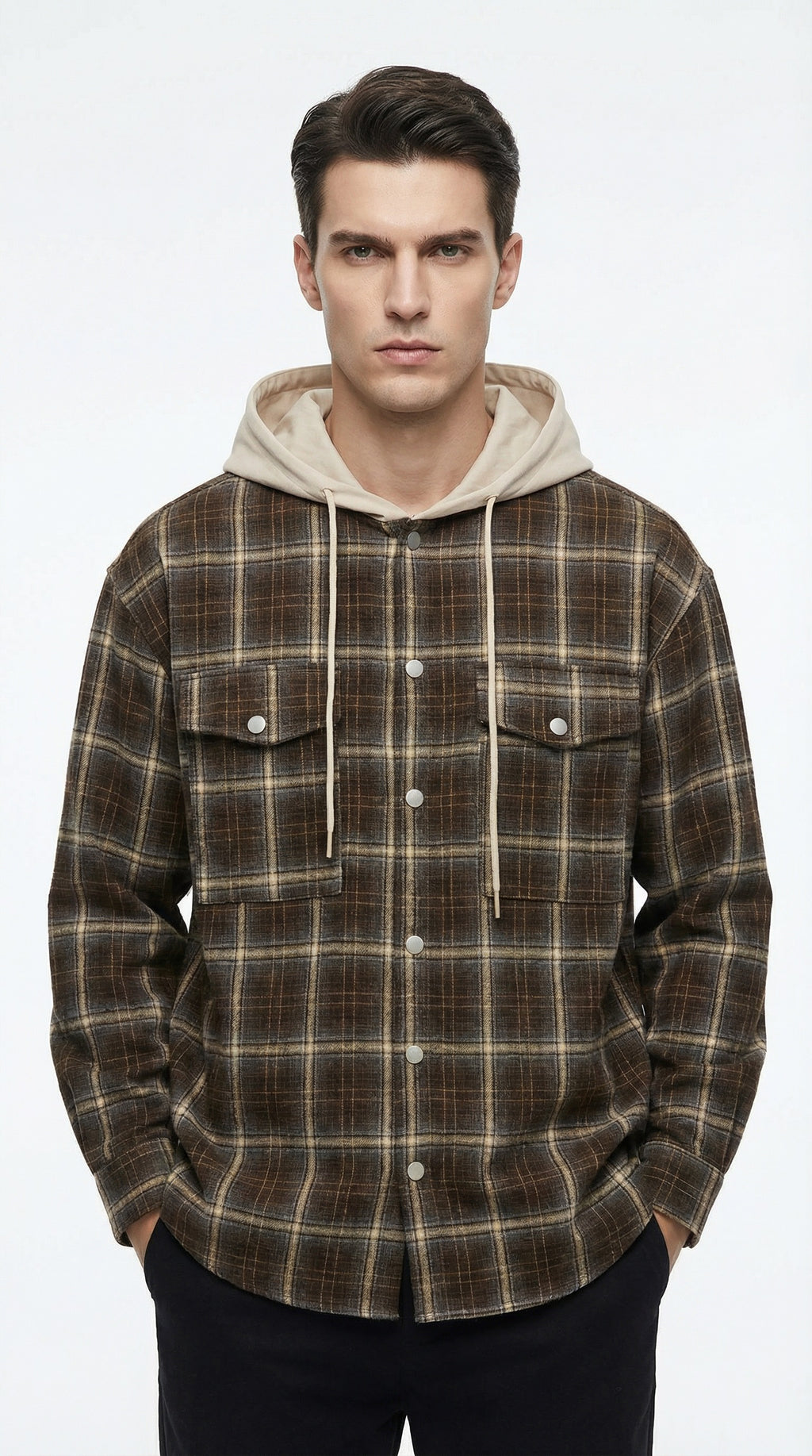 Two plaid hoodies, one brown and one gray, on a white background with 666 Trading House logo.