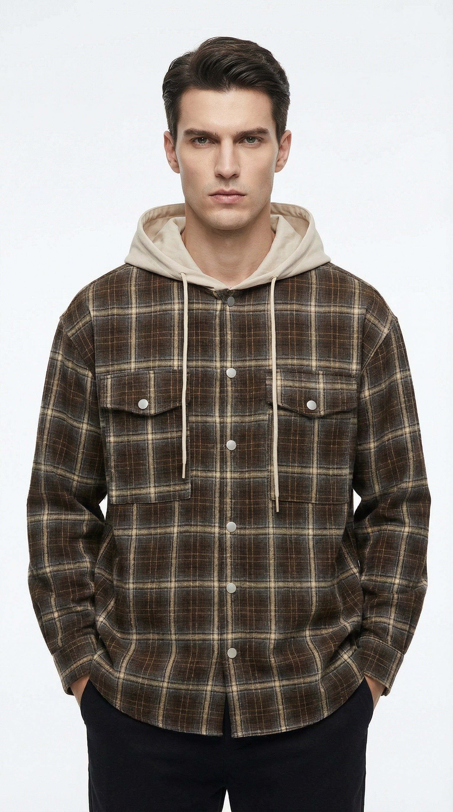 Two plaid hoodies, one brown and one gray, on a white background with 666 Trading House logo.