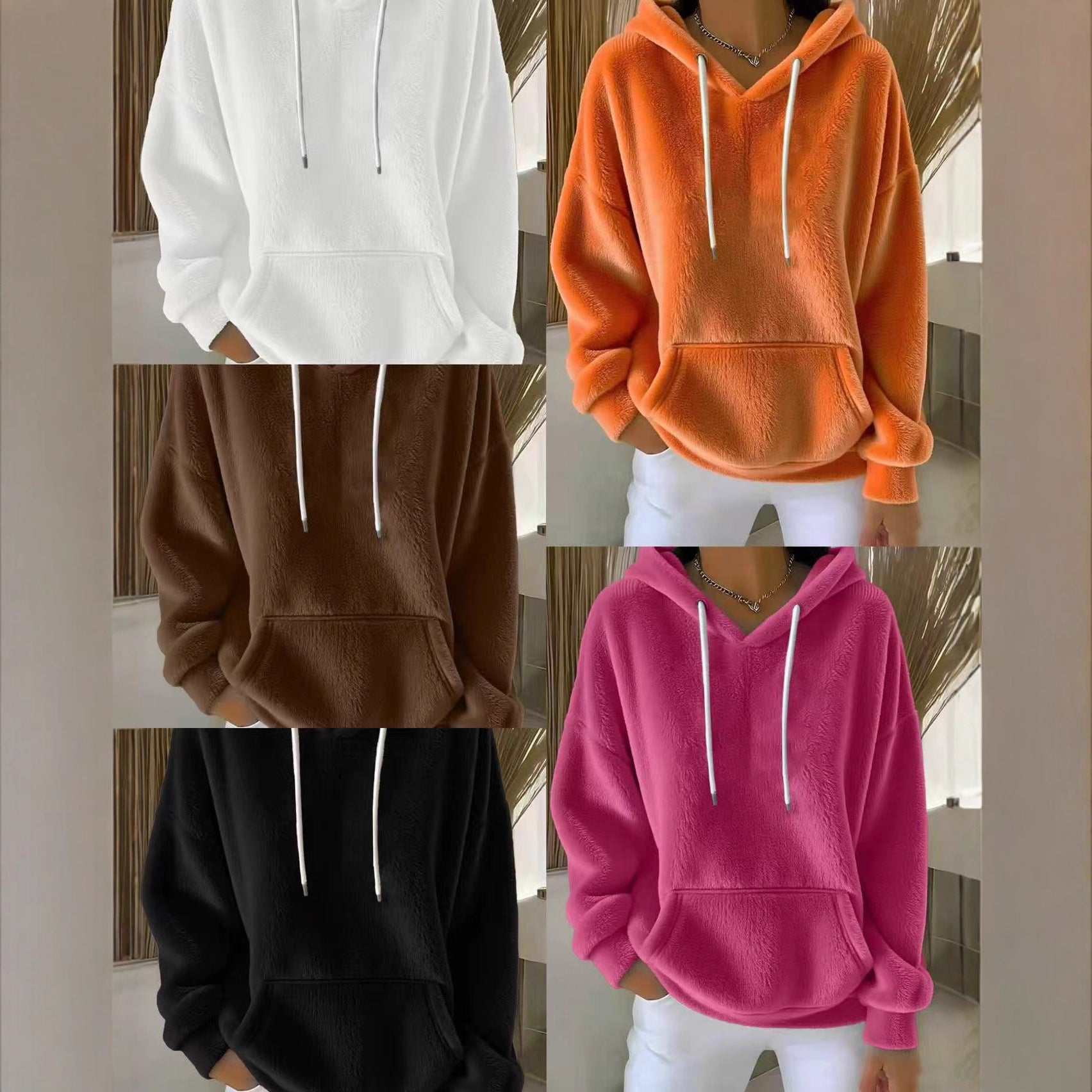 Collage of four different colored hoodies: white, orange, brown, and pink.
