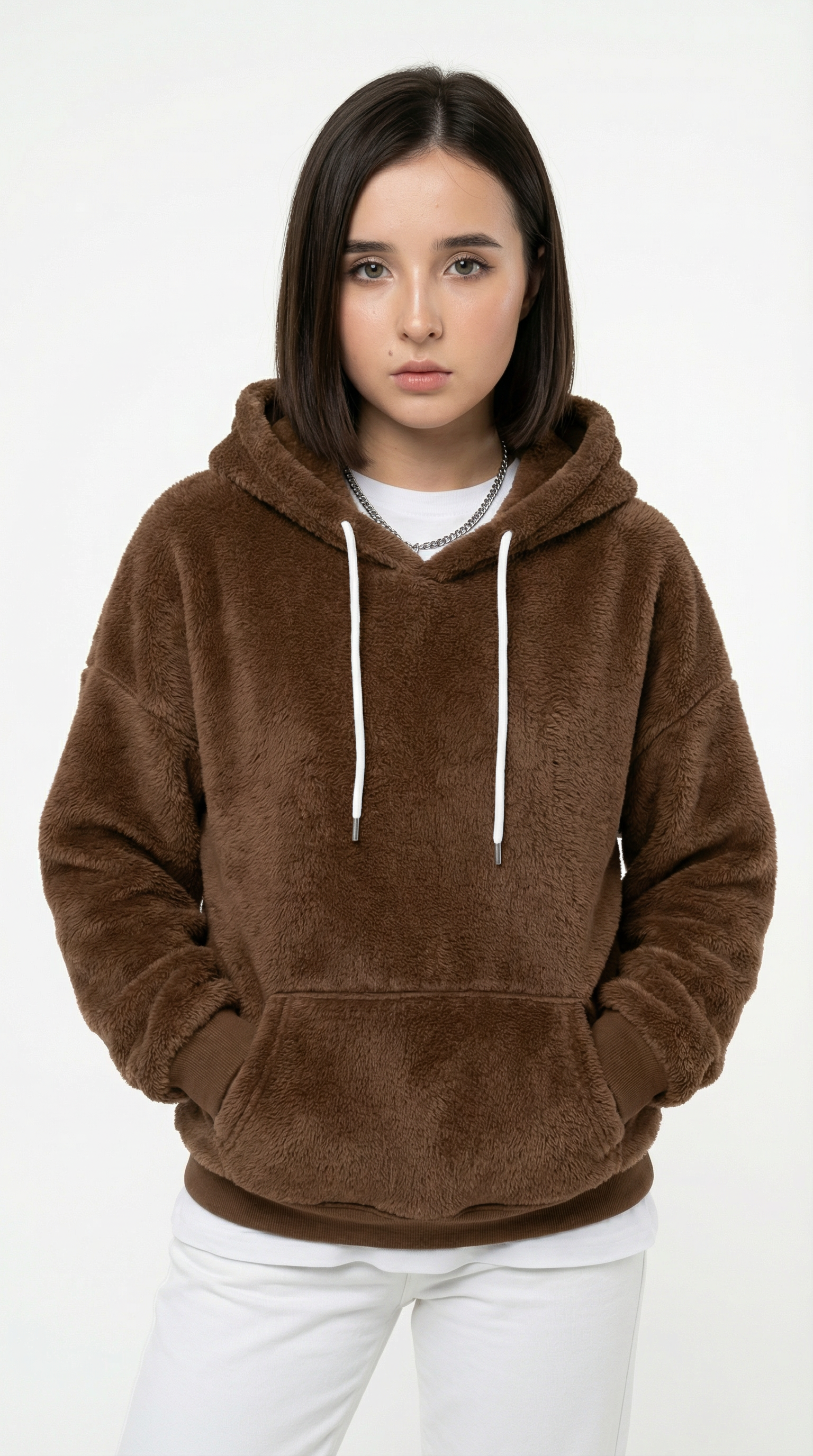 Person wearing a brown fleece hoodie on a white background