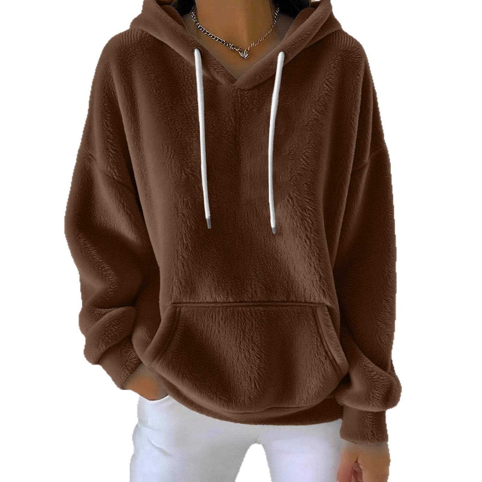 Brown fleece hoodie with white drawstrings on a white background