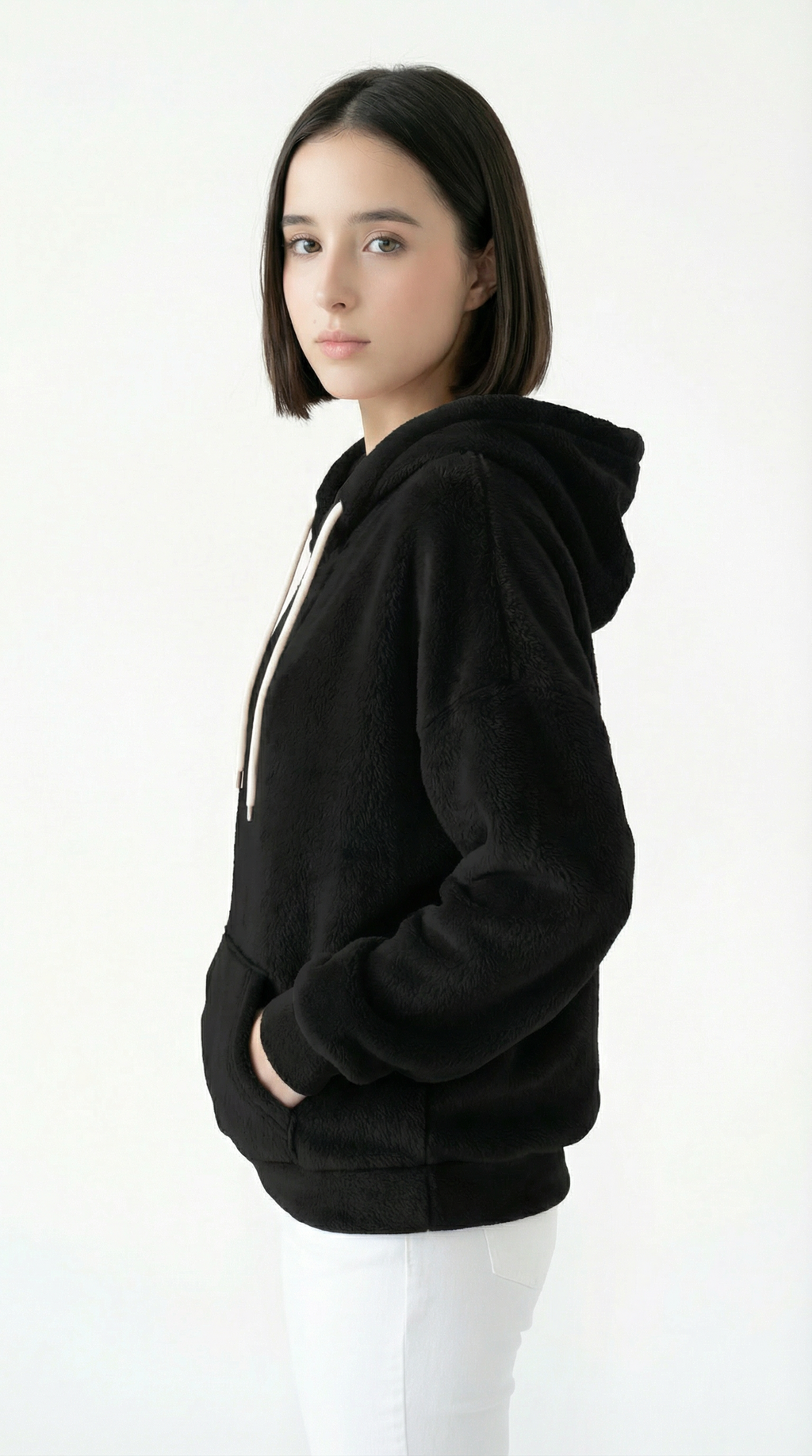 Person wearing a black hoodie on a white background
