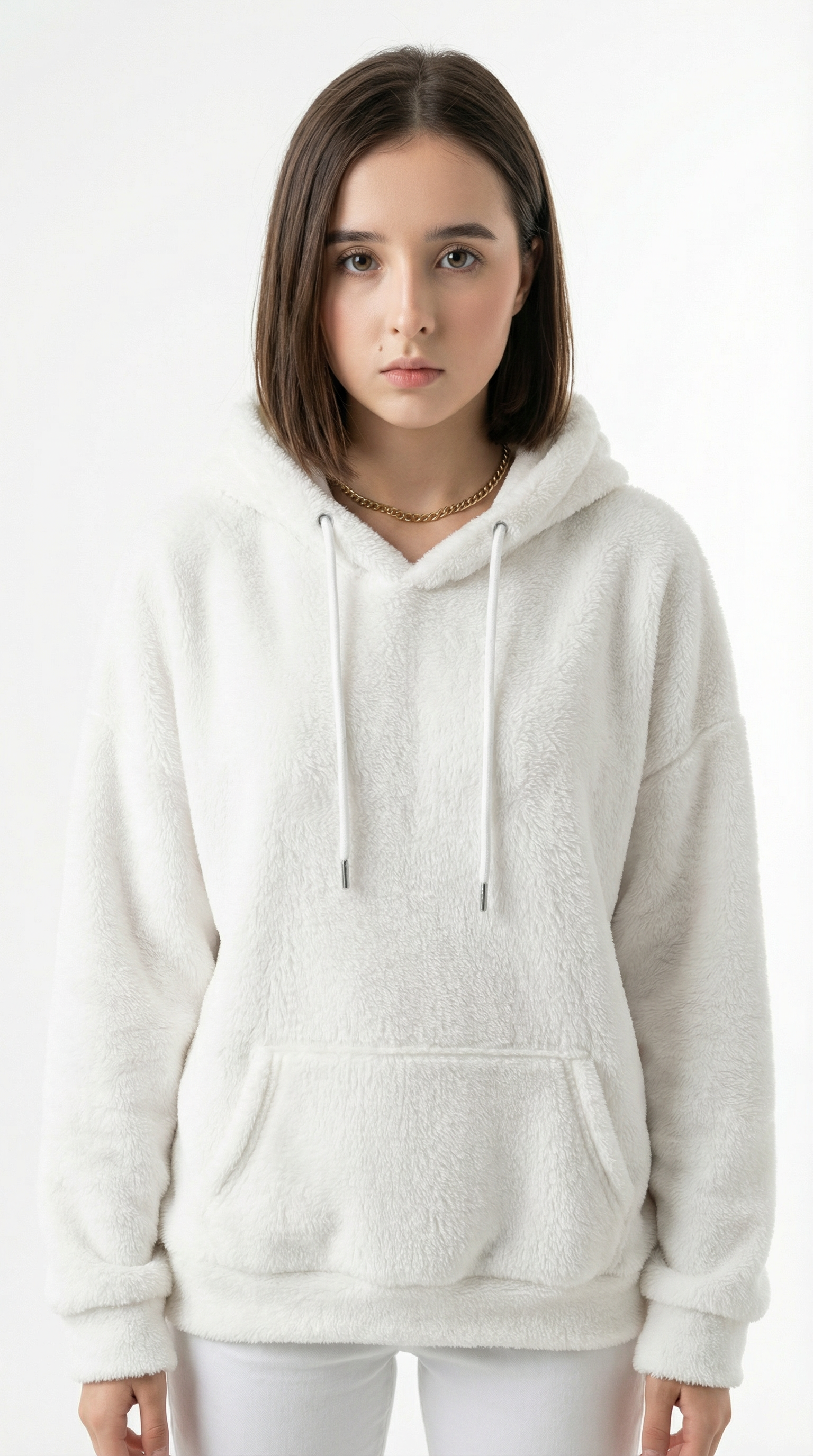 Person wearing a light gray hoodie on a white background