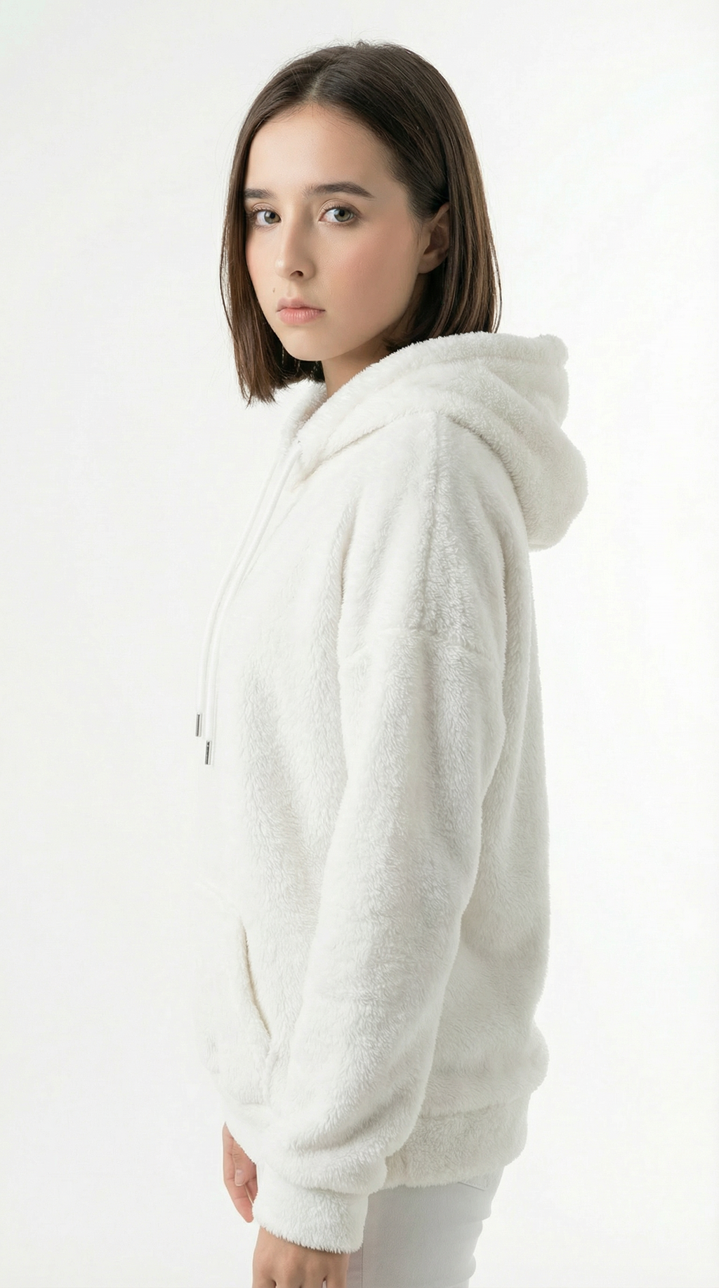 Person wearing a white hoodie on a plain background