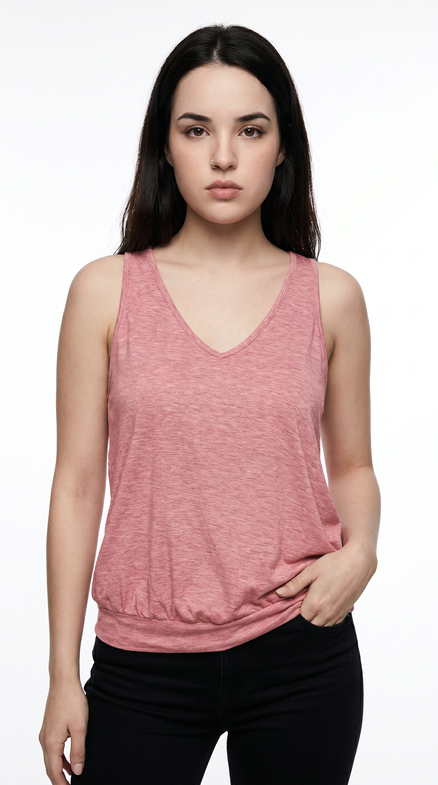Woman wearing a pink tank top against a white background, from Meleche Fashion USA or Meléche (short as (Mé))