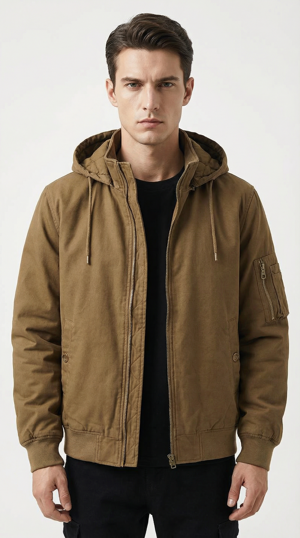 Man wearing a brown hooded jacket on a white background