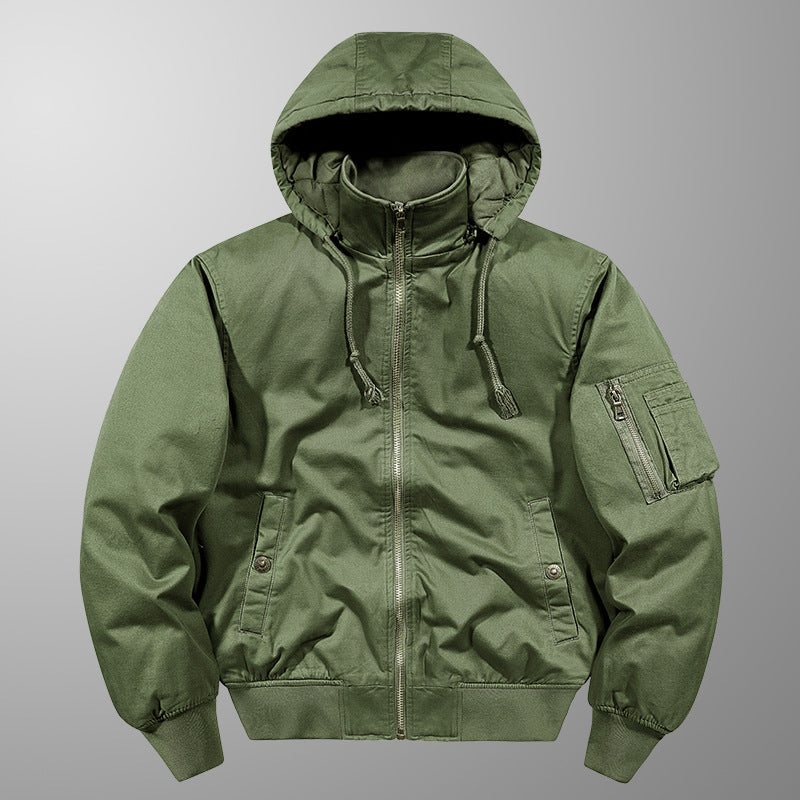 Green jacket with a hood on a gray background