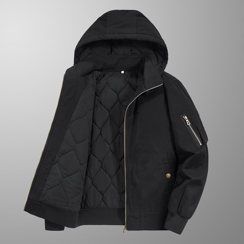 Black hooded jacket with quilted design on a gray background