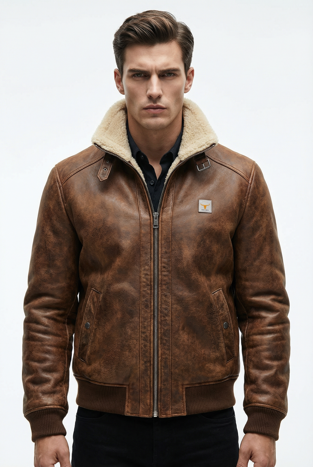 Man wearing a brown leather jacket with a visible brand logo on a white background