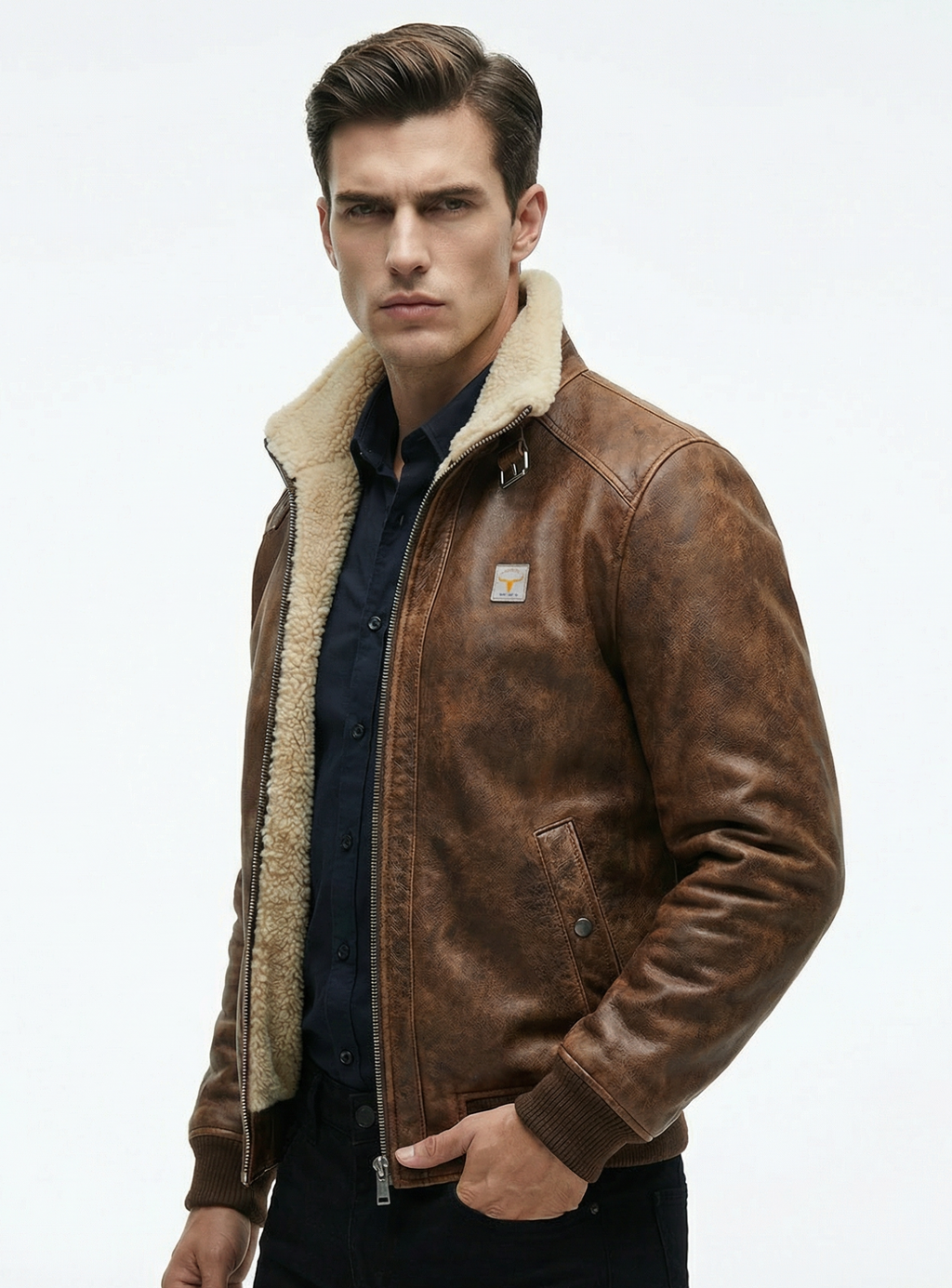 Man wearing a brown leather jacket with a white background