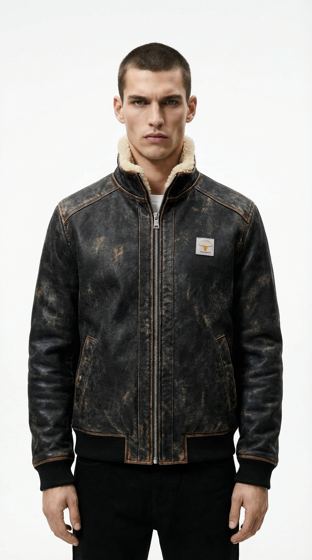 Man wearing a distressed leather jacket with a visible brand logo on a white background