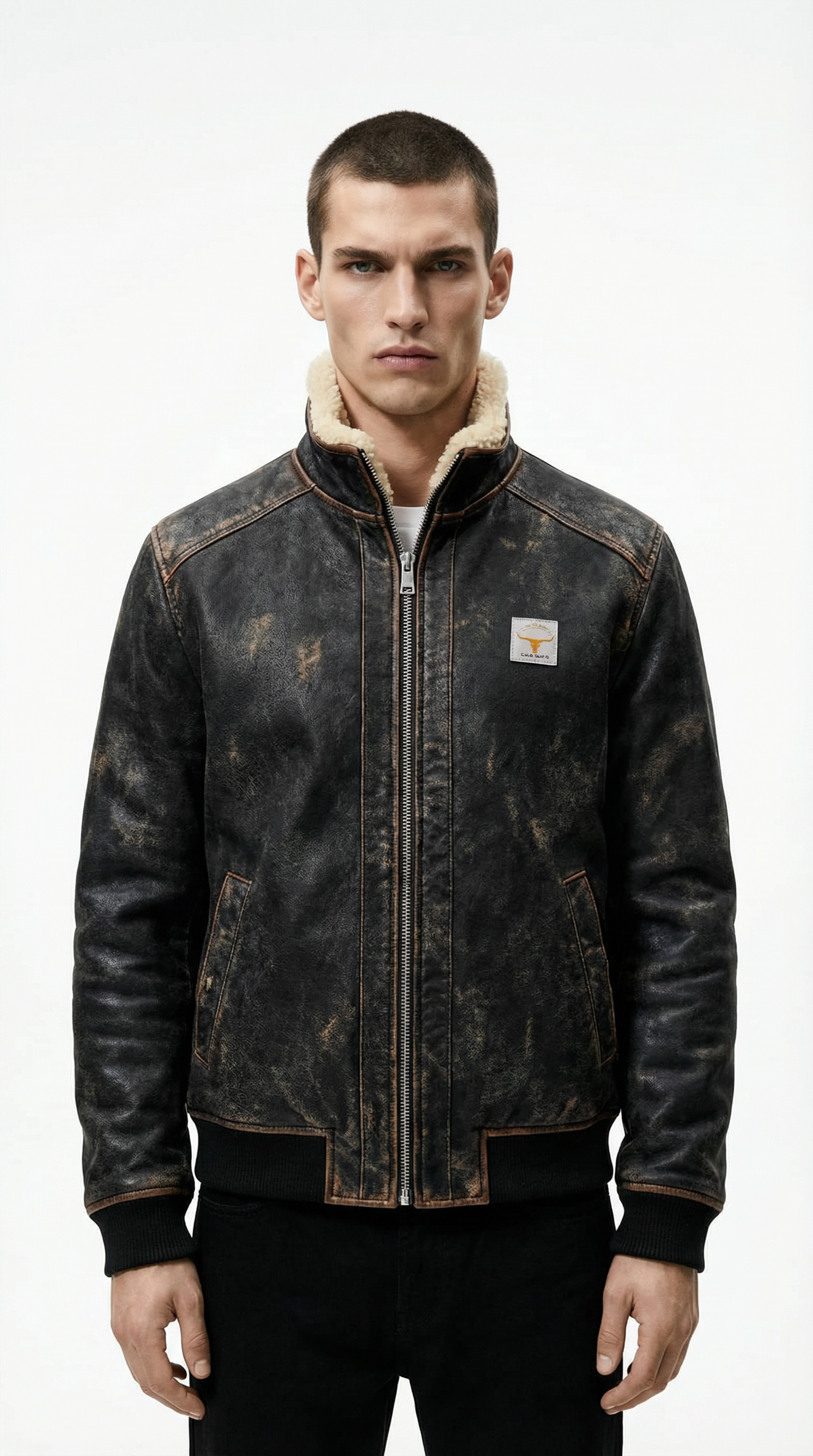 Man wearing a distressed leather jacket with a visible brand logo on a white background