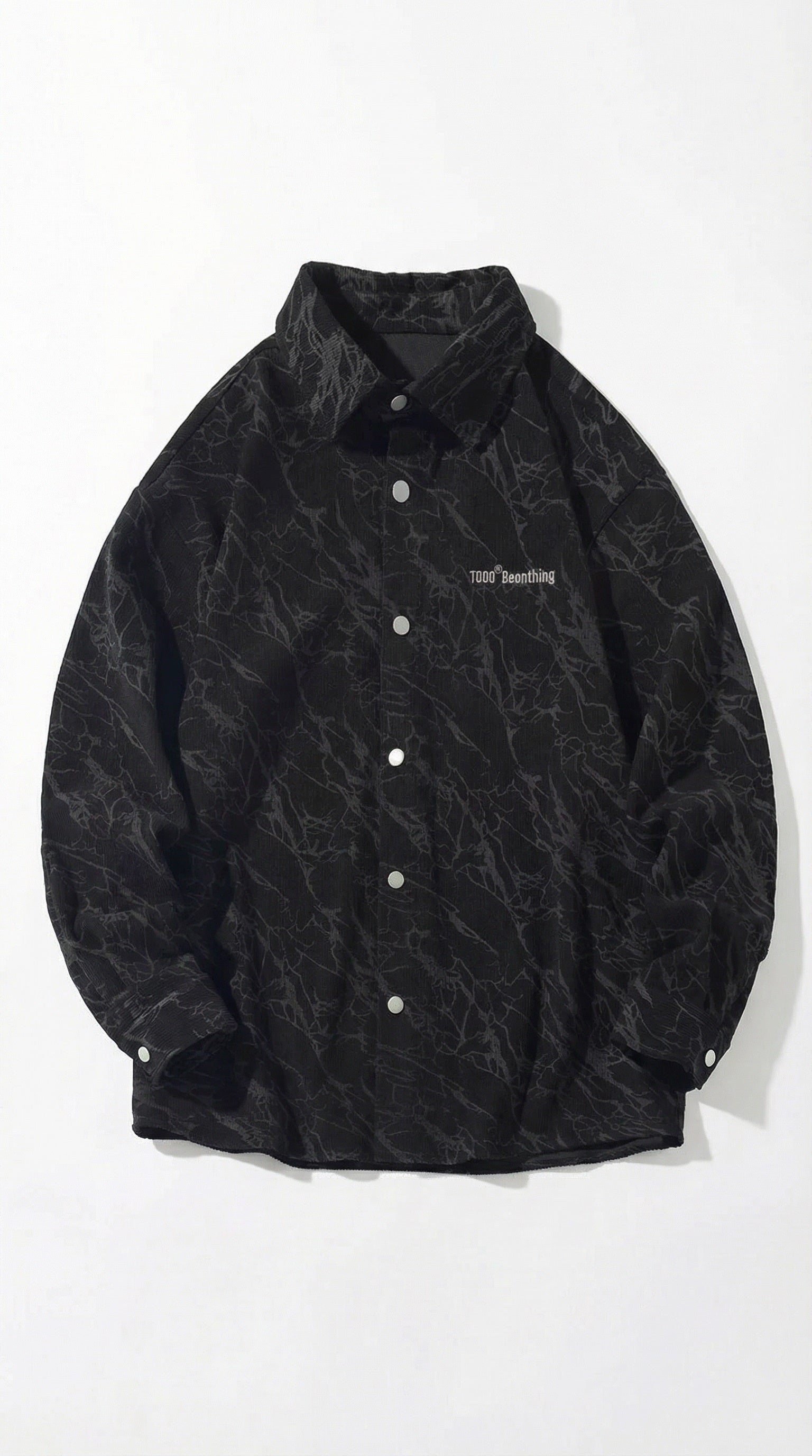 Black textured jacket with brand logo on a white background